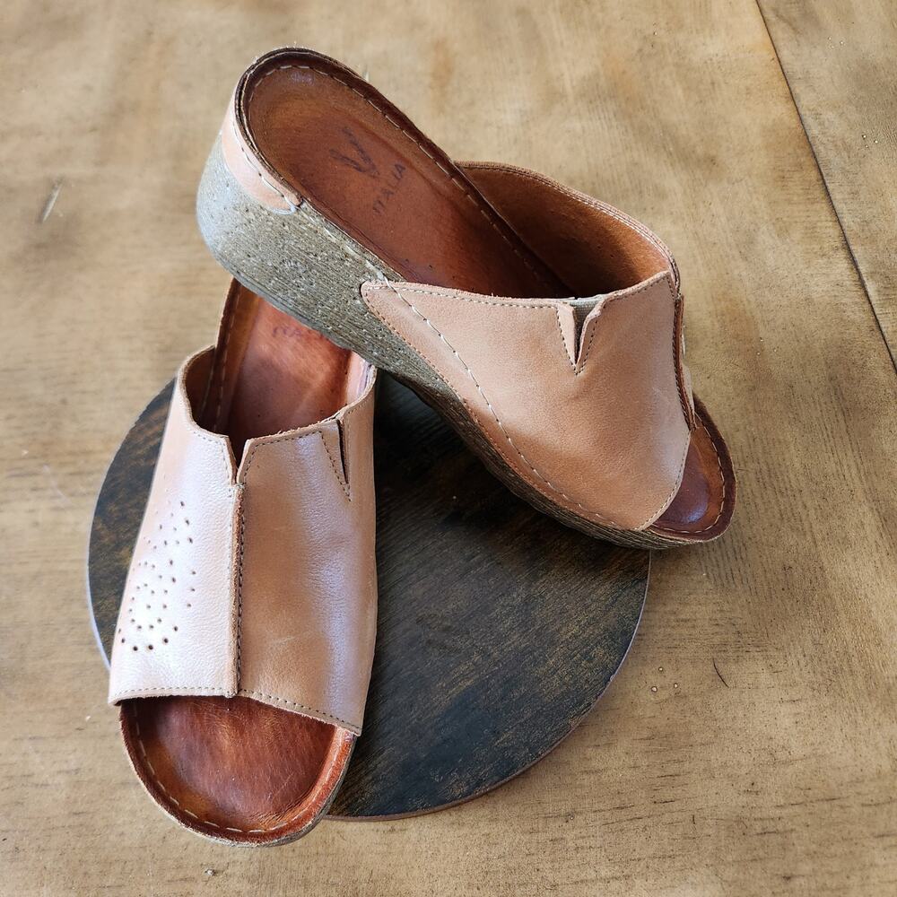 V ITALIA Katia Sandals Women's 40 US 9/9.5 Brown Burnished Leather Cork Wedge-